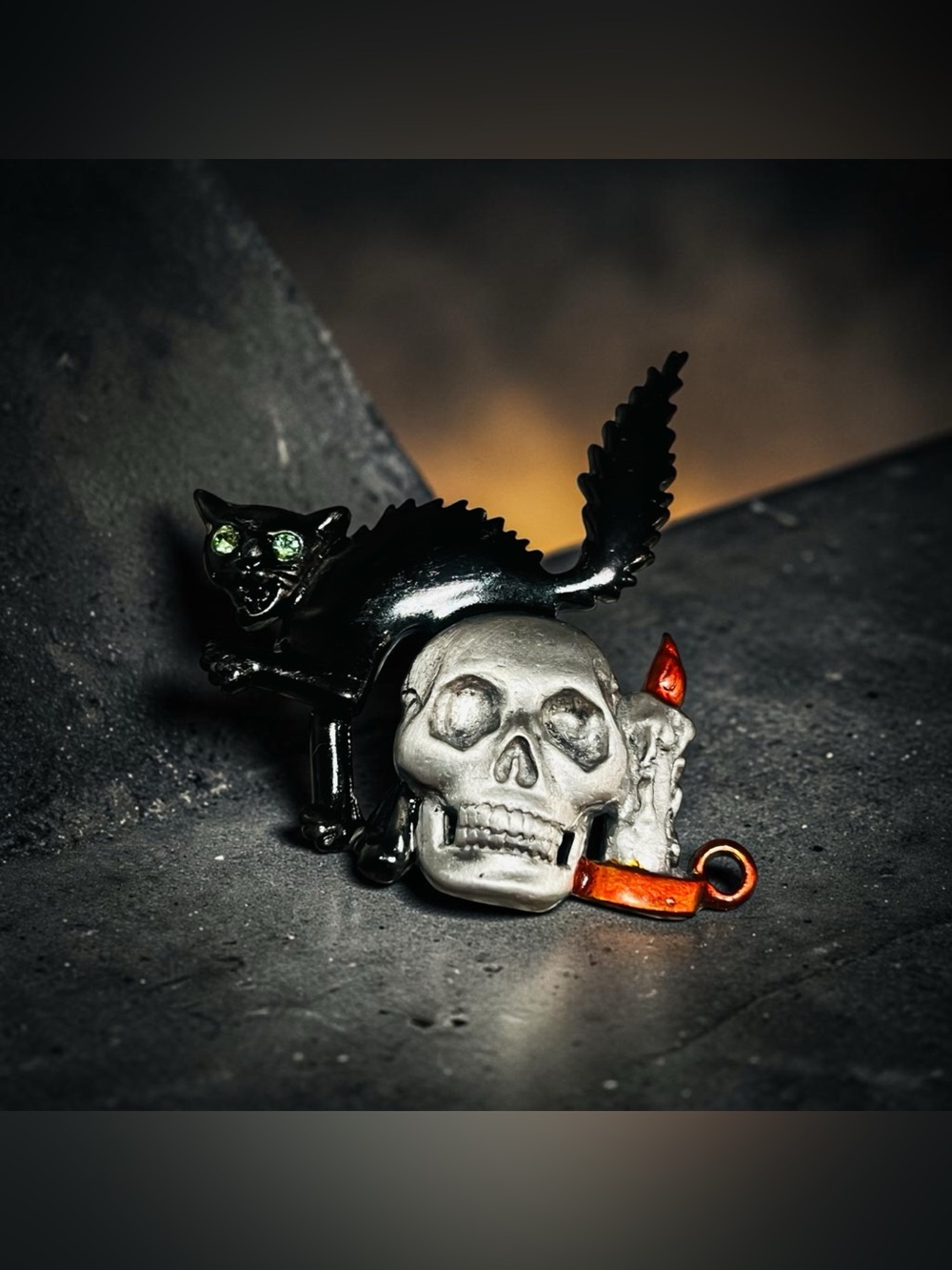 JJ Jonette Jewelry Halloween Black Cat Skull Candle Brooch - 1990s